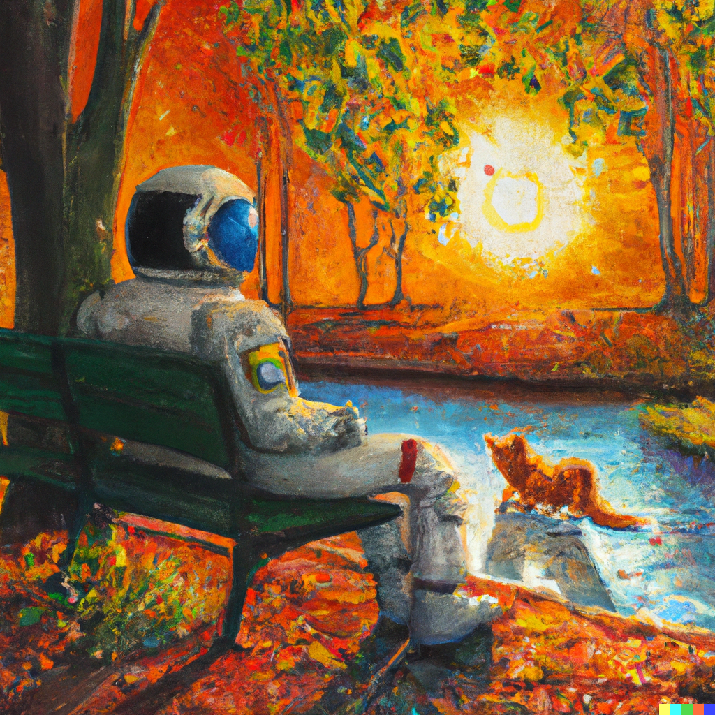 https://cloud-kcbpsh704-hack-club-bot.vercel.app/0dall__e_2022-10-06_22.49.47_-_oil_painting_of_an_astronaut_sitting_in_a_bench_on_a_park_with_his_playful_fox__looking_at_the_sunset_view_of_a_lake_with_fishes_and_an_autumn_forest_.png